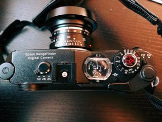 Top view of the Epson R-D1x. The protective film on the glass panel is still intact. I also have the limited edtion soft shutter release button.